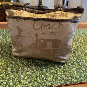 Coach Women's Bag in Metallic Gold and Brown Leather Signature Bag